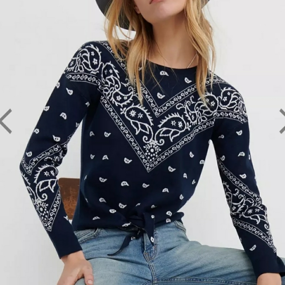 Lucky Brand Navy Blue and White Bandana Print Crewneck Sweater